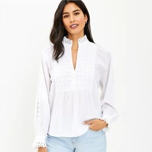 LOFT Eyelet Ruffle Bib Blouse XXS NWT